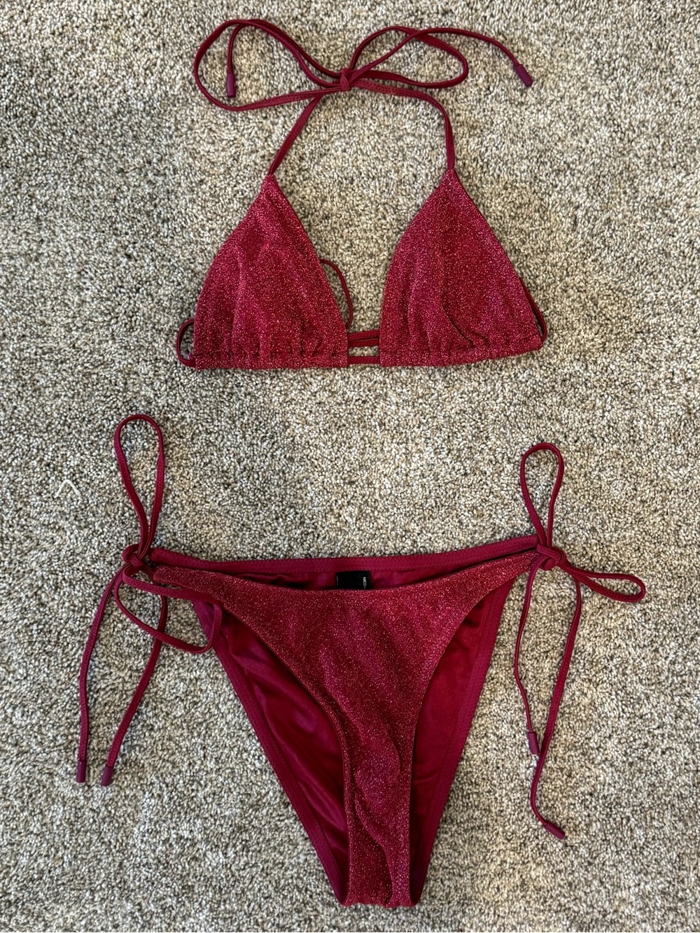 TRIANGL Women’s Sparkly Dark Red Tie-Side Cheeky Triangle Bikini Set